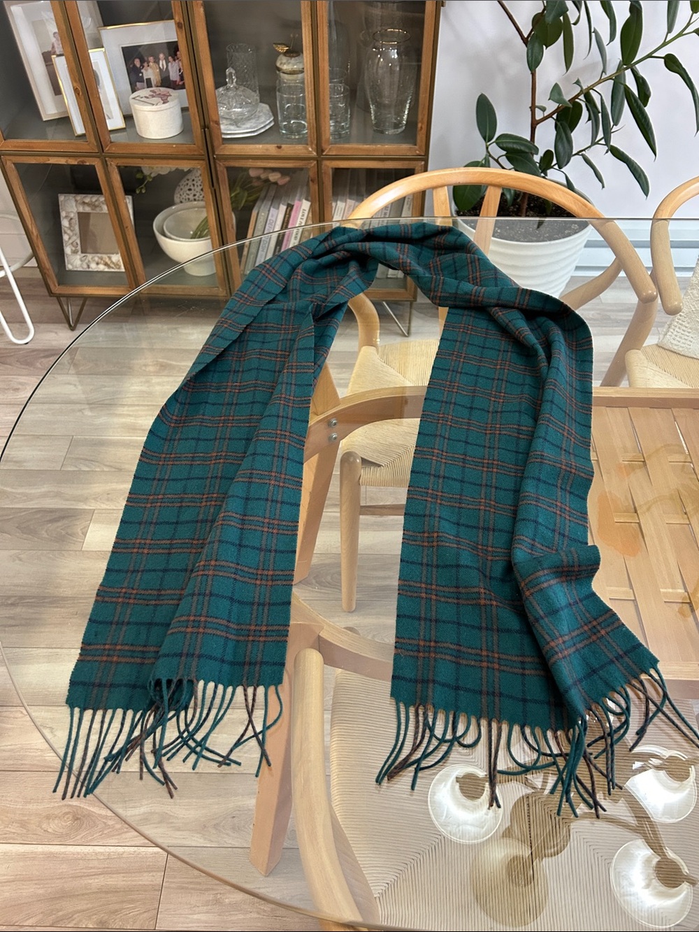 100% Wool Simons Long Green Plaid Fringe Scarf